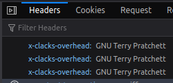 Screenshot of three headers from an AO3 HTTP response which read "x-clacks-overhead: GNU Terry Pratchett"